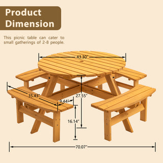 8 Person Wooden Picnic Table, Outdoor Camping Dining Table With Seat, Garden, DIY W 4 Built-in Benches, 2220lb Capacity - Natural
