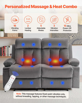 Loveseat Recliner Sofa, Power Reclining Couch With Heating And Massage, Soft Velvet Electric Recliner Sofa With USB Ports, Cup Holders AndSideBags, Dual Loveseat Chair For Living Room, Grey