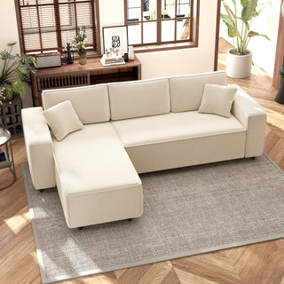 Corner Sofa with Reversible Chaise Lounge, Corduroy L-Shaped Sectional Sofa with Pocket Spring, Cream White