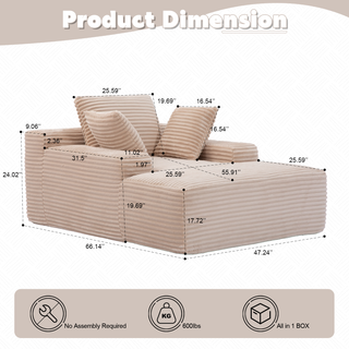 Oversized Chaise Lounge Chair Cozy Cloud Couch, Modern Plush Corduroy Upholstered Sleeper Sofa Daybed With 3 Throw Pillows And Wide Armrest For Living Room, No Assembly Required,Beige