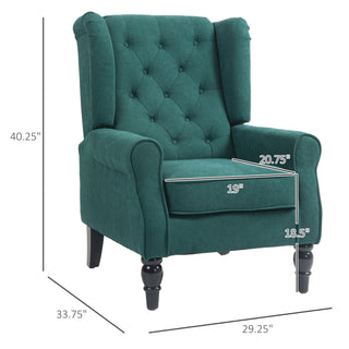 Wingback Accent Chair For Living Room, Button-Tufted Lounge Chair With Round Armrests And Wood Legs, Dark Green