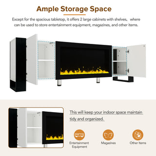 ON-TREND Modern TV Stand With 34.2 Non-heating Electric Fireplace, High Gloss Entertainment Center With 2 Cabinets, Media Console For TVs Up To 78, White
