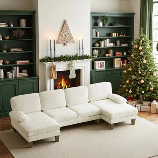 U-shaped Combination Sofa, Double Lounge Chair, Chenille Fabric 4-seat Living Room Furniture