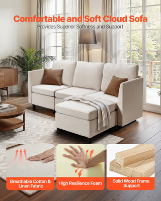 Modular Sectional Sofa, 3-Seater Modular Sofa With Hidden Storage, Cloud Sectional Couch With Ottoman & High Rebound Sponge, Solid Wood Frame Upholstered Couch For Living Room, Bedroom, Beige