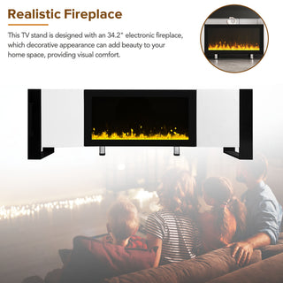 ON-TREND Modern TV Stand With 34.2 Non-heating Electric Fireplace, High Gloss Entertainment Center With 2 Cabinets, Media Console For TVs Up To 78, White