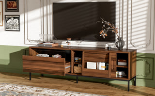 U-Can 70.8 Modern TV Stand For TVs Up To 75 Inches, Entertainment Center With Storage Space, Sliding Doors, Adjustable Shelves And Metal Frame, Mid Century Modern Media TV Console Table For Living R