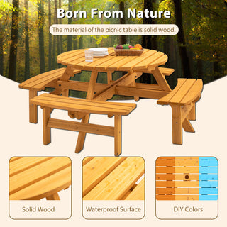 8 Person Wooden Picnic Table, Outdoor Camping Dining Table With Seat, Garden, DIY W 4 Built-in Benches, 2220lb Capacity - Natural
