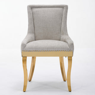 Chenille Dining Chairs, Modern Style With Curved Gold - Plated Legs  Rivet Trim, Upholstered Comfort For Dining  Lounge, Accent Seating With Textured Fabric  One  Piece Structure, Beige,Set Of 2