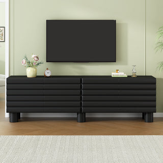 Stylish Thick Wavy Door TV Cabinet With Adjustable Shelves, Cream Style TV Stand With 4 Cabinets For TVs Up To 75 Solid Media Console With Cylindrical Legs And Cable Holes For Living Room, Black