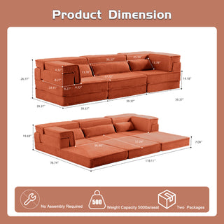 Compression Mahjong Sofa,Convertible Floor Sofa Bed,DIY Boneless Modular Sectional Sofa,No Assembly Required,Circle Fleece Fabric,Oversized 3 Seater With 3 Pillows,Orange