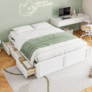 Wood Queen Size Platform Bed Frame With 6 Drawers, White