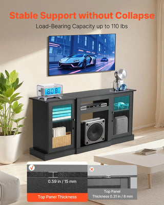 TV Stand For TVs Up To 65 Inch, Modern Entertainment Center With Light Strip, Wooden TV Cabinet Storage With Glass Doors And Adjustable Shelves, Console Table For Living Room And Bedroom, Black