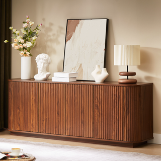 Sideboard Storage Cabinet TV Stand With Wave Pattern Buffet Cabinet Wooden Vertical Striped Cabinet For Kitchen Bedroom Entryway. Walnut, 64W X 15D X 24H.