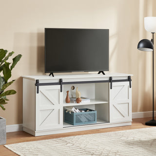 58 Farmhouse TV Stand And Entertainment Center For Televisions Up To 65 Inchs,with Sliding Barn Doors And Storage Cabinets,White