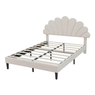 4ft6 Double Upholstered Velvet Bed Frame, With Adjustable Chic Petal Headboard, Velvet Platform Bed Frame With Solid Wood Slat, No Box Spring Needed, Easy Assembly, Beige