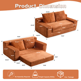 Loveseat Sofa, Comfortable Deep Seat Sofa Bed, Modern Small Corduroy Couch For Living Room Bedroom,Reversible Cushion With Pillows,No Assembly Required,Orange