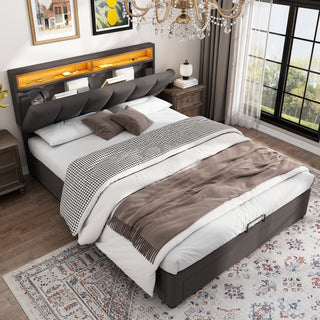 Upholstered Bed With LED Lighting, Double Bed-4ft6 135x190cm, Hydraulic Storage Bed With Bed Box, Drawers And Storage Compartments, Stowable Foam Headboard, Double Bed With Steel Frame, Linen, Grey
