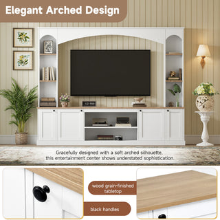 Elegant Arched Entertainment Center Wall Unit With Bookshelf, Farmhouse Large TV Stand With Wood Grain For TVs Up To 70, 91inch Stylish Media Console With Adjustable Shelves For Living Room, White