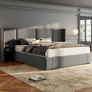 Upholstered Bed, King Size Bed-5ft150x200cm,Velvet Ottoman Lift Up King Size Bed Frame, Hydraulic Wide-ear Bed With USB Connection, With Sockets, With Two Bedside Tables,No Mattress,  Grey