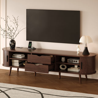70 Inch Mid Century Modern TV Stand, TV Stand For 80 Inch TV, TV Stand With Tambour Doors, Drawers And Power Outlet, TV Consoles For Living Room, Bedroom
