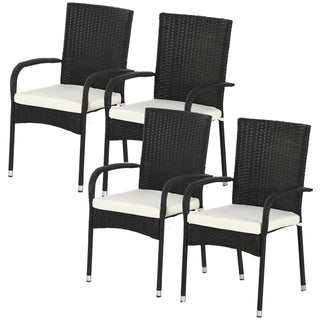 Stackable 4 PE Rattan Outdoor Dining Chairs with Cushions, Patio Wicker Dining Chairs with Armrests & Backrest, Cream White