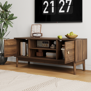 43.31 Inch TV Stand, Mid Century Modern TV Stand For 32 45 Inch TV, Entertainment Center With Storage, Media Console Table For Living Room And Bedroom, Walnut