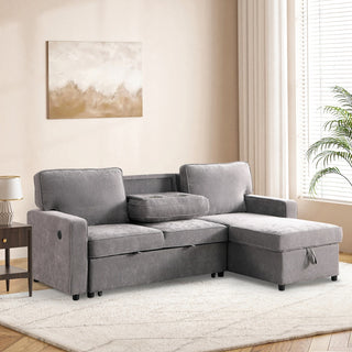 Upholstery Sleeper GREY Sectional Sofa With Storage Space, USB Port, 2 Cup Holders On Back Cushions