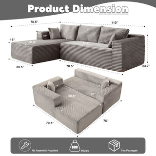 Compression Sectional Couch With Comfy Chaise, Boneless L Shape Sofa With Deep Seat, Minimalist Modular Couches Sleeper For Living Room Bedroom Apartment Lounge,corduroy,Grey