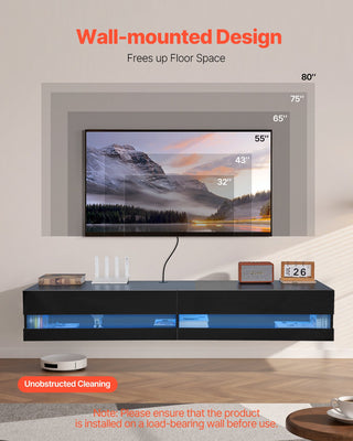 Floating TV Stand, 71 In Wall Mount Entertainment Center With Power Outlet & LED Lights, Modern Floating TV Shelf With 2 Drawers & Storage Cabinet For DVD Player, Cable Box, Game Console, Black