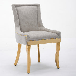 Chenille Dining Chairs, Modern Style With Curved Gold - Plated Legs  Rivet Trim, Upholstered Comfort For Dining  Lounge, Accent Seating With Textured Fabric  One  Piece Structure, Beige,Set Of 2