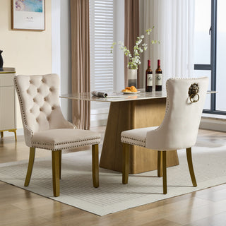Mid-Century Modern Chairs With Lion Head Pull Ring,High-end Tufted Solid Wood Contemporary Velvet Upholstered Dining Chair With Golden Wooden Legs Nailhead Trim 2-Pcs Set,Beige,SW1201BG