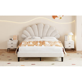 4ft6 Double Upholstered Velvet Bed Frame, With Adjustable Chic Petal Headboard, Velvet Platform Bed Frame With Solid Wood Slat, No Box Spring Needed, Easy Assembly, Beige