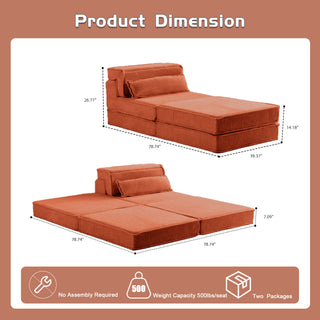 Compression Mahjong Sofa,Convertible Floor Sofa Bed,DIY Boneless Modular Sectional Sofa,No Assembly Required,Circle Fleece Fabric,Oversized Single Seater With 1 Pillow And 1 Ottoman,Orange