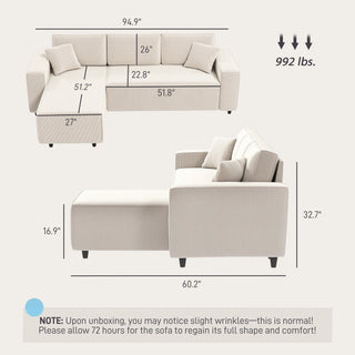 Corner Sofa With Reversible Chaise Lounge, Corduroy L-Shaped Sectional Sofa With Pocket Spring, Cream White