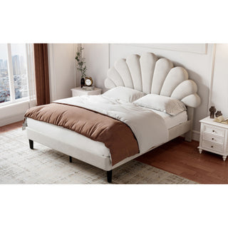 4ft6 Double Upholstered Velvet Bed Frame, With Adjustable Chic Petal Headboard, Velvet Platform Bed Frame With Solid Wood Slat, No Box Spring Needed, Easy Assembly, Beige