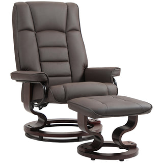 Faux Leather Recliner with Ottoman, Swivel Recliner Chair and Ottoman with High Back and Wood Base, Brown