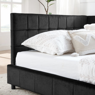 Queen Size Upholstered Tufted Bed Frame, Sofa Bed Frame With Comfortable Backrest And Armrests, Queen Size Bed For Bedroom, Living Room,Velvet, BLACK 85.5x64.5x30.5