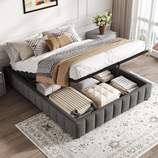 4ft6 Double Upholstered Storage Bed Frame, No Headboard  Linen Bed Frame With Hydraulic Storage, Channel Tufted  Ottoman Bed, Metal-Wood Support, No Box Spring Needed, Easy Assembly,Grey No Mattress