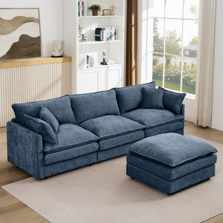 Modular Sectional Sofa, 102 Inch L Shaped Couch Set For Living Room, 3-Seater Comfy Cloud Couches With Movable Ottoman, DIY Combination, Chenille, Blue
