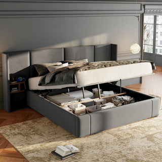 Upholstered Bed, King Size Bed-5ft150x200cm,Velvet Ottoman Lift Up King Size Bed Frame, Hydraulic Wide-ear Bed With USB Connection, With Sockets, With Two Bedside Tables,No Mattress,  Grey
