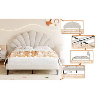 4ft6 Double Upholstered Velvet Bed Frame, With Adjustable Chic Petal Headboard, Velvet Platform Bed Frame With Solid Wood Slat, No Box Spring Needed, Easy Assembly, Beige