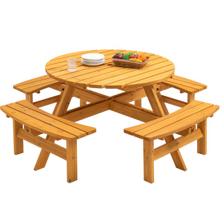8 Person Wooden Picnic Table, Outdoor Camping Dining Table With Seat, Garden, DIY W 4 Built-in Benches, 2220lb Capacity - Natural