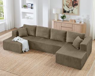 U Shape Modular Sectional Sofa, Compressed Sectional Sofa Modern Minimalist Style Corduroy Couch, Sleeper Sofa For Living Room, Bedroom, Comfy Compressed Sofa -Brown