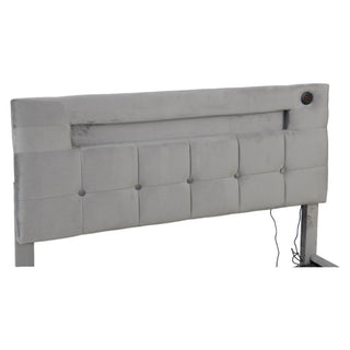 4ft6 Double Upholstered Bed Frame With Hydraulic Storage, Velvet Ottoman Bed With LED Lighting And Charging Station, Double Bed With Adjustable Button Tufted Headboard, Beige