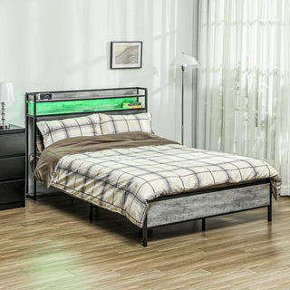 Full Bed Frame with Storage Upholstered Headboard, Full Size Bed Frame with LED Lights, Charging Station, Cement Gray