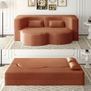 Modern Floor Sofa With 2 Pillows,Convertible Plush Corduroy Foam-Filled Sleeper Sofa Bed,15' Full Size Folding Mattress For Living Room,Guest Bed,no Assembly Required,Orange