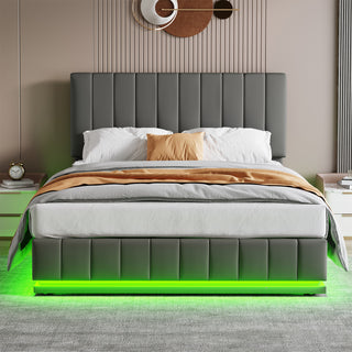 Ottoman Double Bed With LED Lighting, PU Leather Upholstered Bed With Hydraulic Storage, 4ft6 Double Bed Frame With Adjustable Channel Tufted Headboard, No Box Spring Needed, Grey No Mattress