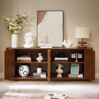 Sideboard Storage Cabinet TV Stand With Wave Pattern Buffet Cabinet Wooden Vertical Striped Cabinet For Kitchen Bedroom Entryway. Walnut, 64W X 15D X 24H.