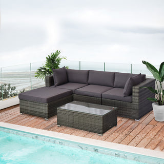 5-Piece Outdoor Sectional Furniture, Patio Sofa Set, PE Wicker Couch, Cushions, Pillows, Ottoman, Table, Charcoal