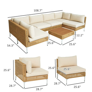 7 Piece Wicker Patio Furniture Set, Modular Outdoor Sectional with Thickened Cushions, Acacia Wood Table, Khaki/Beige